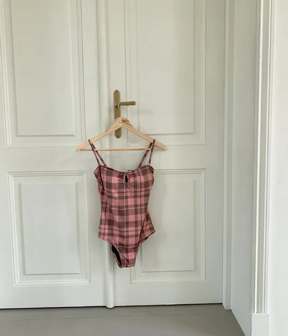 Pink Plaid One-piece Swimsuit With Adjustable Straps AP000130