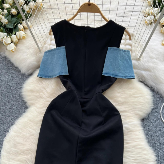 Sleeveless Denim Dress With Black Panel Detailing AP00216