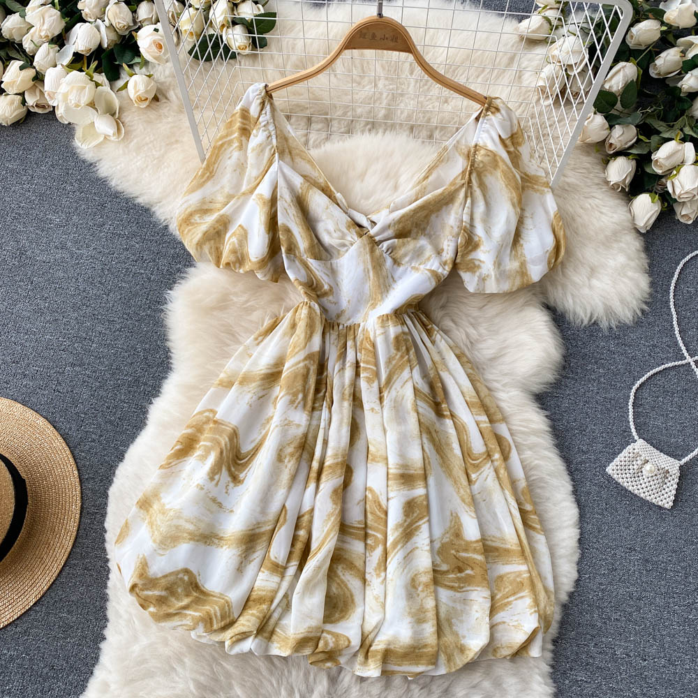 Vintage V-neck Puff Sleeve Dress Puffy A-line Dress AP0003