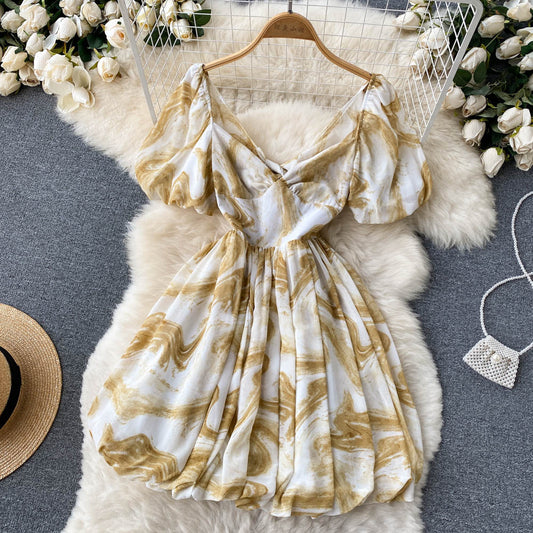 Vintage V-neck Puff Sleeve Dress Puffy A-line Dress AP0003