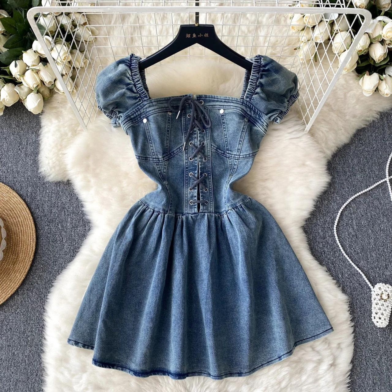 Women Simple Elegant Denim Dress With Puff Sleeves And Lace-up AP00208