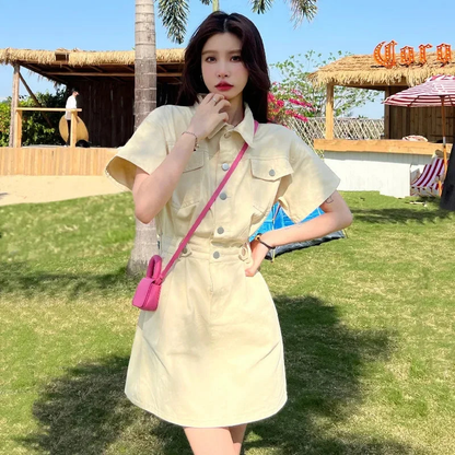 Simple Casual Short Sleeve Button-front Denim Dress AP00219