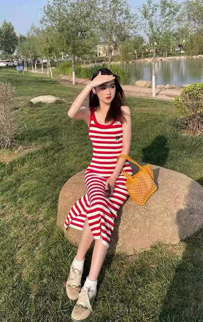 New Fashion Red Streak Casual Sleeveless Spaghetti Strap Dress  AP0249