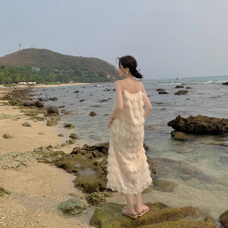 New Fashion Tassels Design Pink Beach Elegant Spaghetti Strap Dress  AP0261