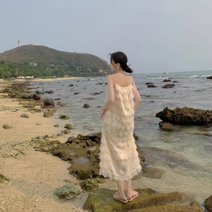 New Fashion Tassels Design Pink Beach Elegant Spaghetti Strap Dress  AP0261