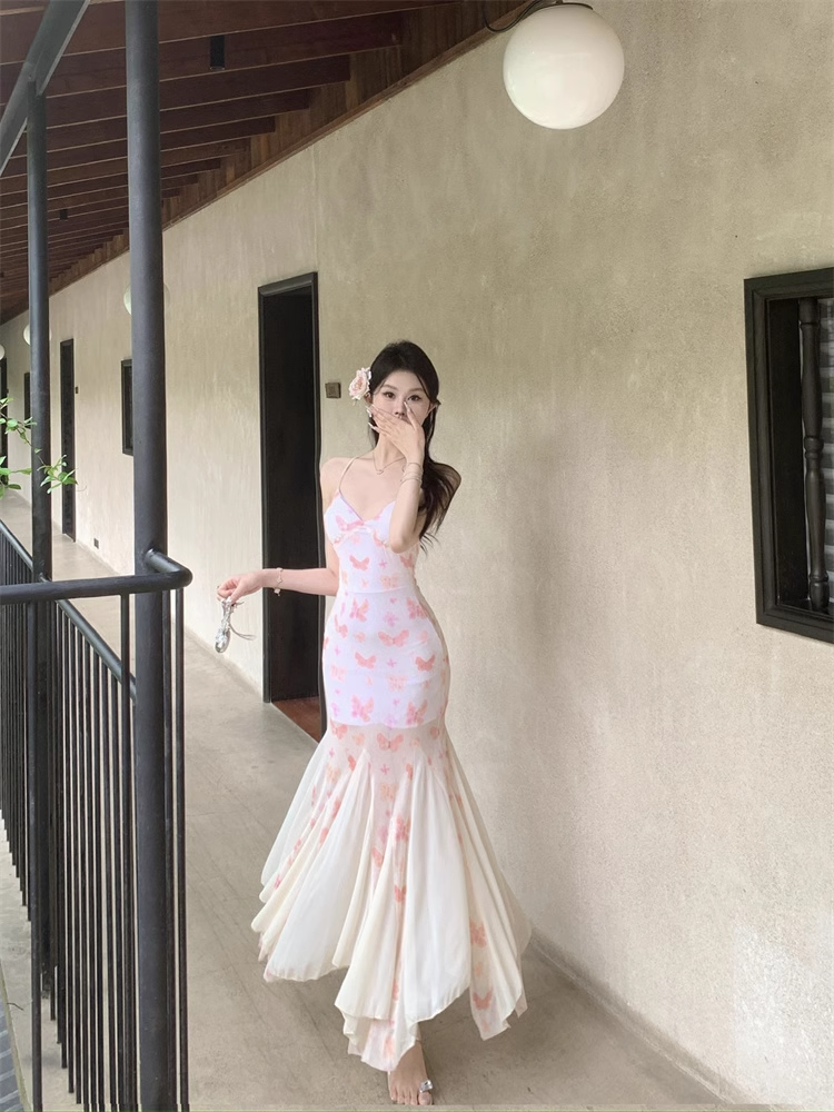 New Stylish Women Pink Butterfly Mermaid Spaghetti Strap Dress  AP0260