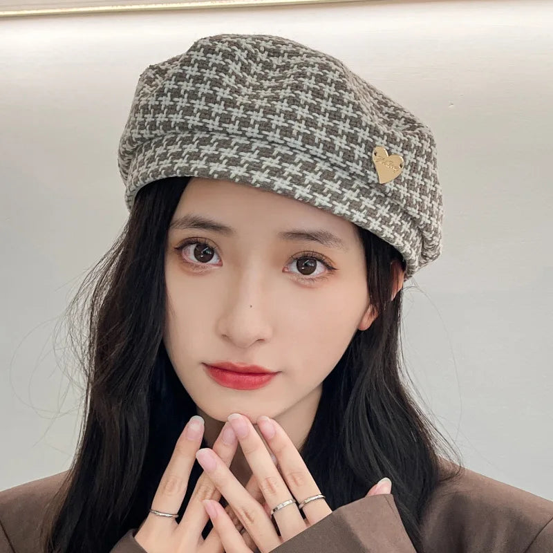 New Stylish Houndstooth Wool Beret With Heart Pin AP00229