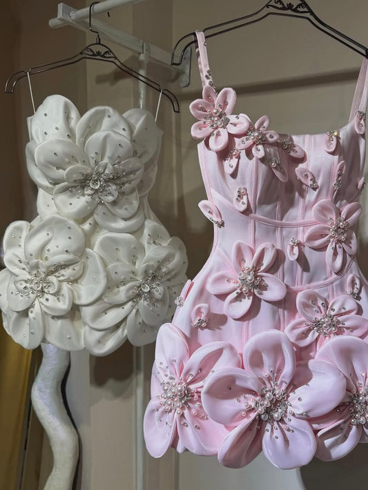 Enchanting Pink Spaghetti Straps A-Line Short Homecoming Dress With 3D Flower Appliques And Beaded Embellishments AS582