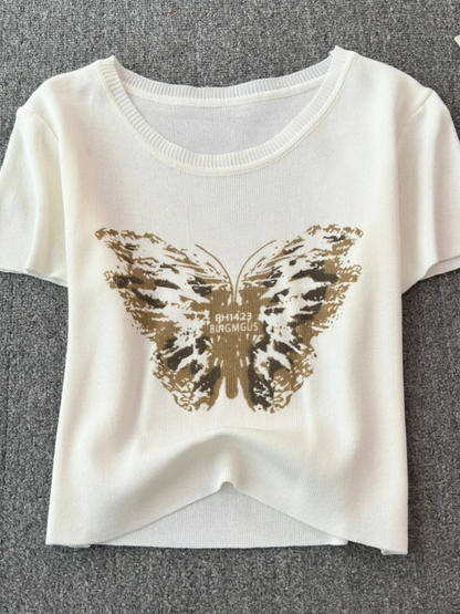 Cute Women Butterfly Print Short-sleeve Cropped T-shirt AP000158