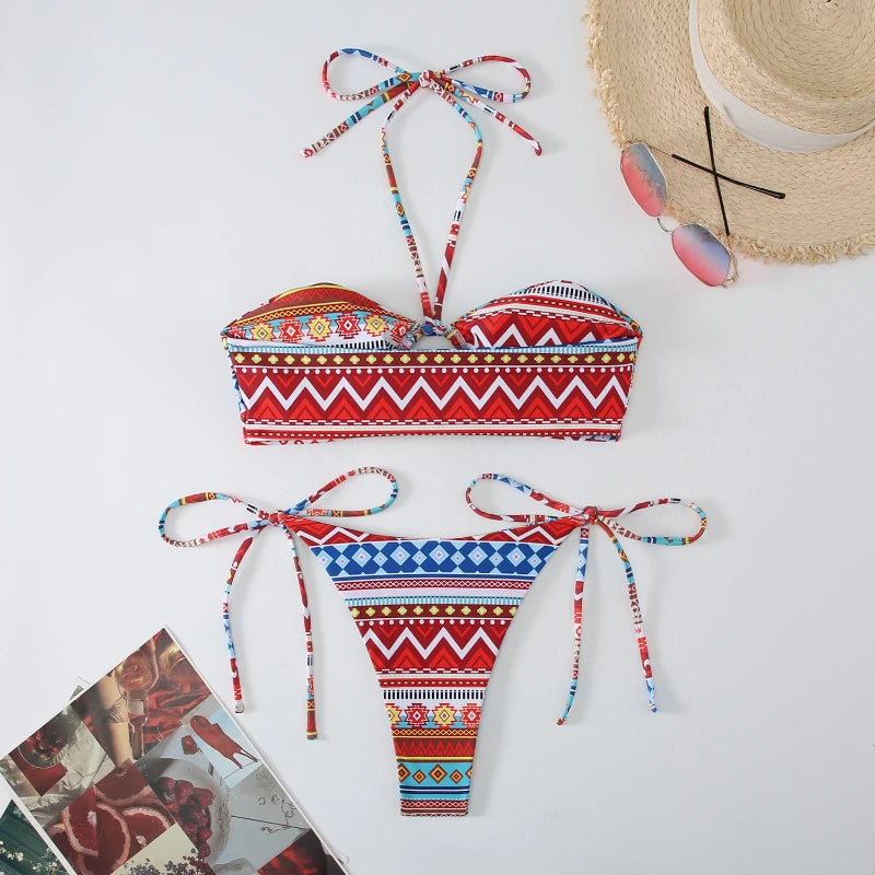 Bohemian Printed Halter Neck Bikini Swimwear Set For Women AP000121