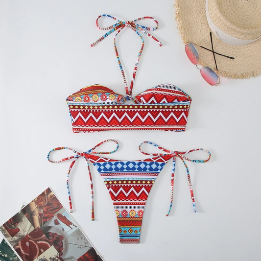 Bohemian Printed Halter Neck Bikini Swimwear Set For Women AP000121