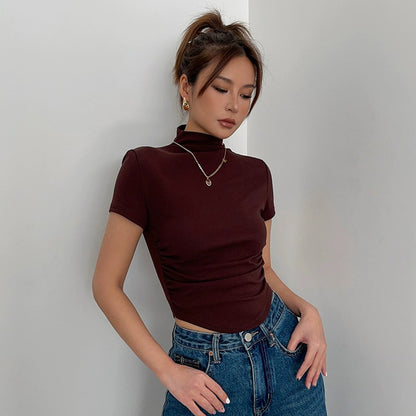 High Collar Short Sleeve Top Tight Ruffle High Waist Crop Shirt Top Tee AP00021
