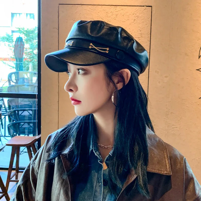 Chic Leather Beret Cap With Gold Accent AP00227