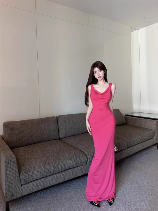 Stylish Ros Pink Sleeveless Backless Seaside Holiday Halter Dress  AP0241