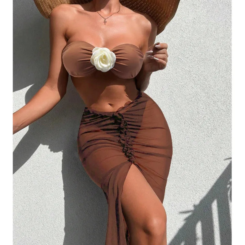 Women Bandeau Bikini And Ruched Midi Skirt Set AP000145