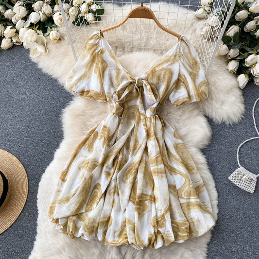 Vintage V-neck Puff Sleeve Dress Puffy A-line Dress AP0003