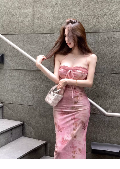 New Stylish Women Pink Butterfly Long Spaghetti Strap Dress  AP0259