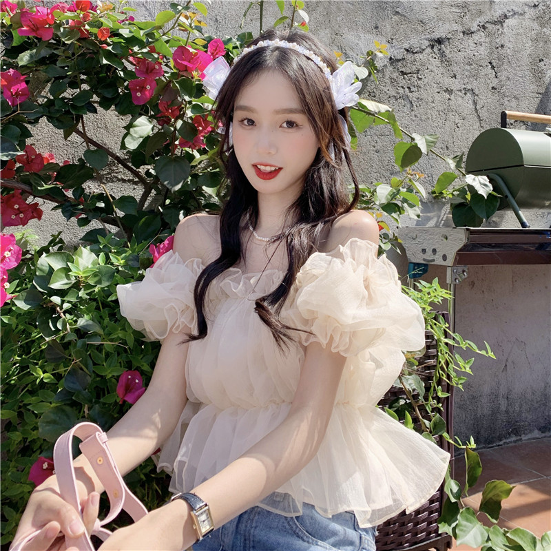 Sweet Wonderful Ladies Striped Square Neck Collar Mesh Pleated Ruffle Shirt Puff Short Sleeve Off Shoulder Top AP000196
