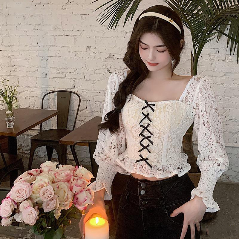 New Fashion Palace Style Temperament Women Lotus Leaf Waist Lace Square Collar Sweet Bowknot Puff Sleeve Crop Bustier Top Blouse AP000194