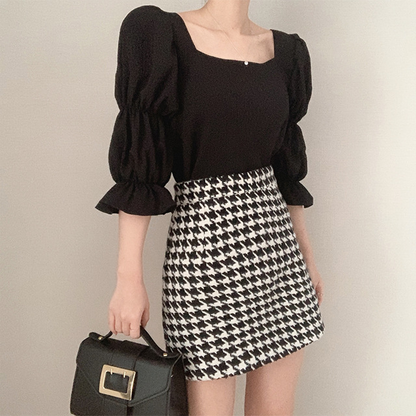 New Vintage Sexy Women Pleated Top Smocked Square Neck Collar Puff Sleeve Tops Blouse AP000195