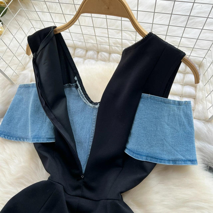 Sleeveless Denim Dress With Black Panel Detailing AP00216