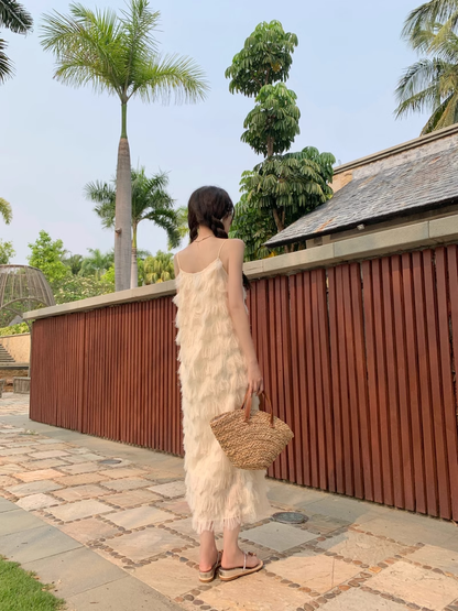 New Fashion Tassels Design Pink Beach Elegant Spaghetti Strap Dress  AP0261