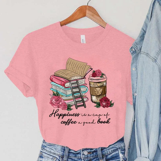 Women Happiness Coffee And Book Lover Graphic Tee New Fashion Simple T-shirt AP000167