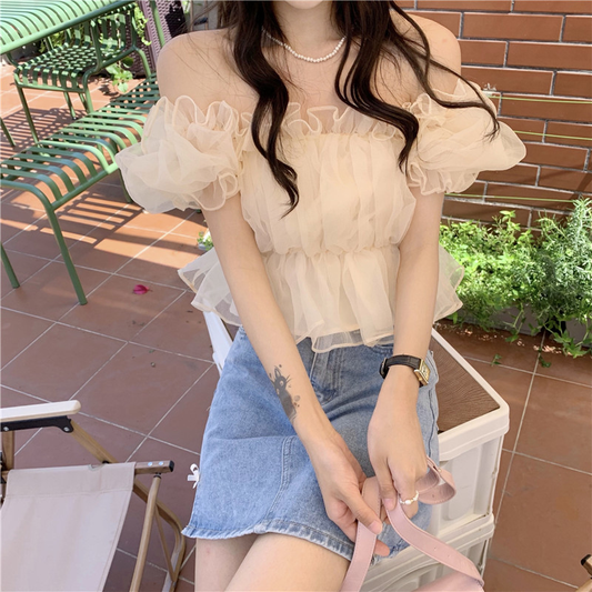 Sweet Wonderful Ladies Striped Square Neck Collar Mesh Pleated Ruffle Shirt Puff Short Sleeve Off Shoulder Top AP000196