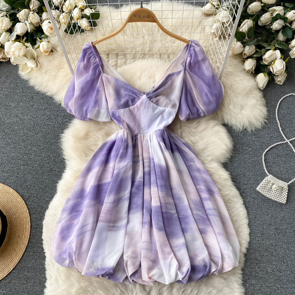 Vintage V-neck Puff Sleeve Dress Puffy A-line Dress AP0003