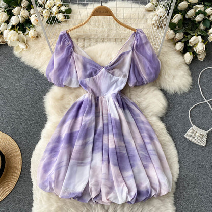 Vintage V-neck Puff Sleeve Dress Puffy A-line Dress AP0003