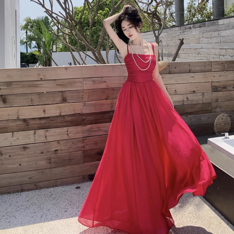 New Elegant Stylish Rose Red High-waisted Spaghetti Strap Dress AP0236
