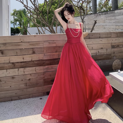 New Elegant Stylish Rose Red High-waisted Spaghetti Strap Dress AP0236
