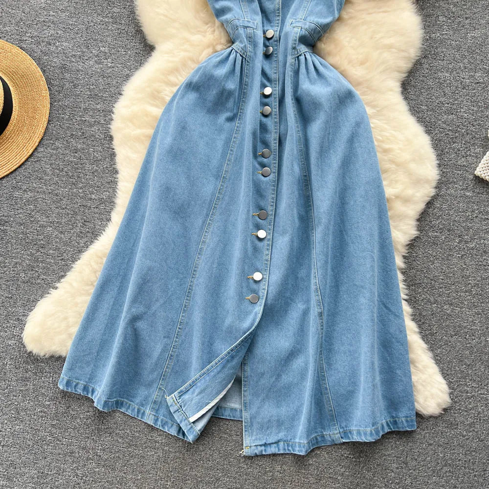 Women Sleeveless Denim Button-down Midi Sun Dress AP00211