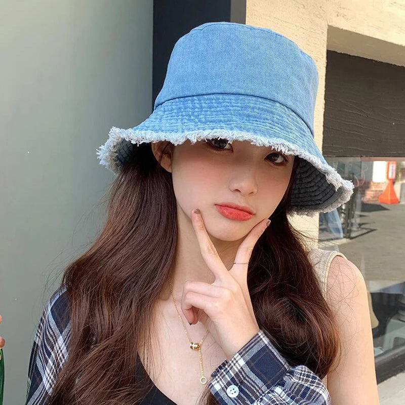 Denim Frayed Edge Bucket Hat For Women AP00235