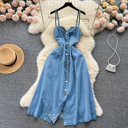 Women Sleeveless Denim Button-down Midi Sun Dress AP00211