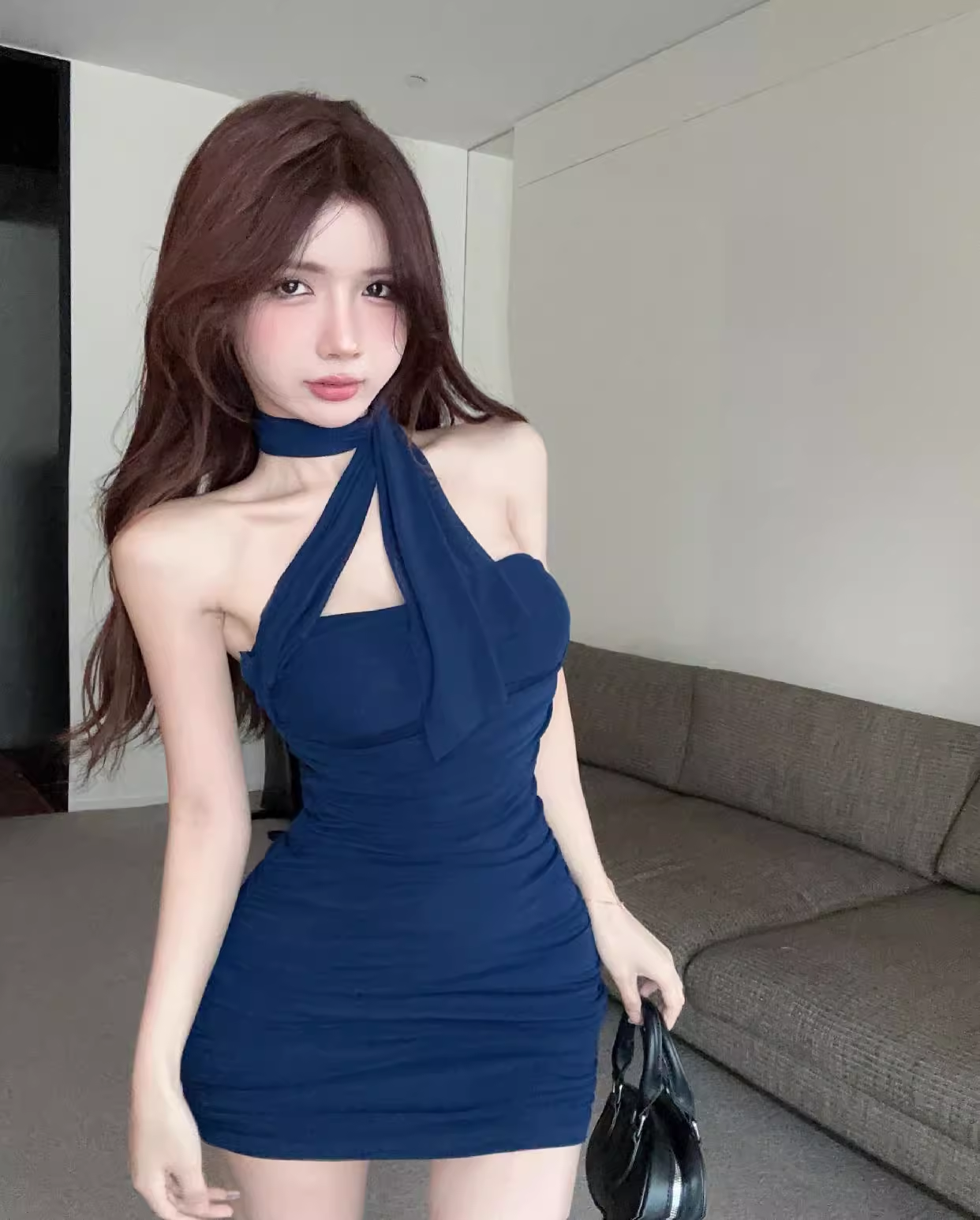 Sexy Fashion Navy Blue Backless  Slim Halter Dress  AP0246