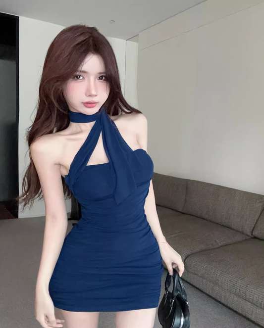 Sexy Fashion Navy Blue Backless  Slim Halter Dress  AP0246