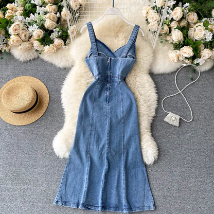 Simple Fashion Denim Sleeveless Midi Dress With Slit AP00212