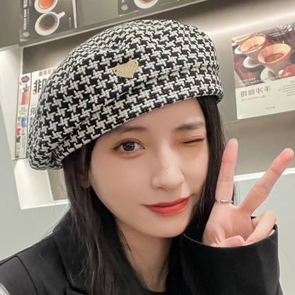 New Stylish Houndstooth Wool Beret With Heart Pin AP00229