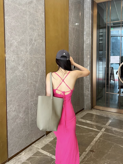 New Fashion Casual Rose Pink Sleeveless Halter Dress  AP0250