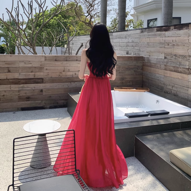 New Elegant Stylish Rose Red High-waisted Spaghetti Strap Dress AP0236