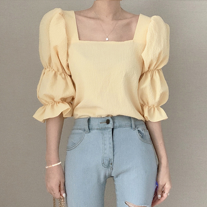 New Vintage Sexy Women Pleated Top Smocked Square Neck Collar Puff Sleeve Tops Blouse AP000195