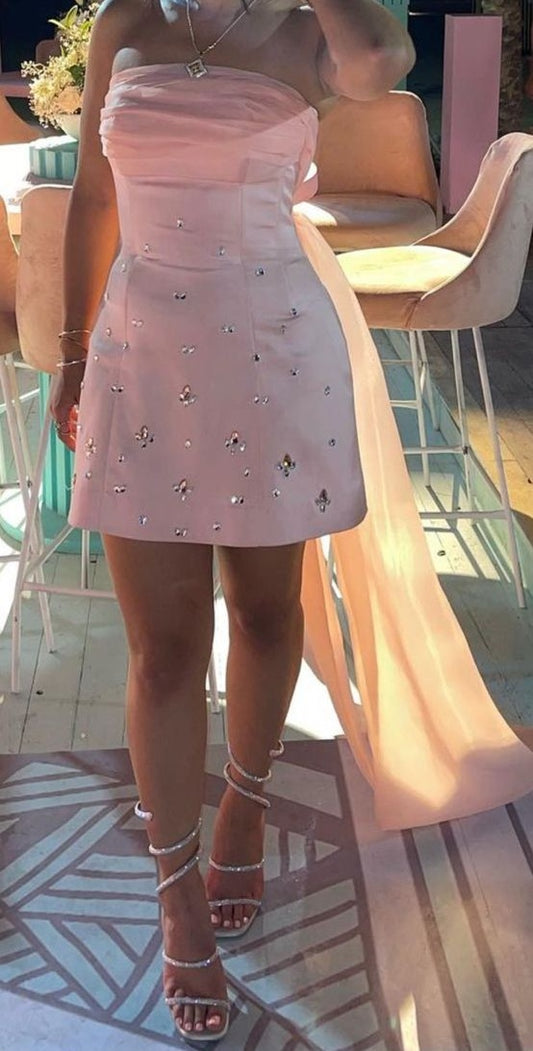 Romantic Pink Strapless Beaded A Line Short Homecoming Dress With Removable Long Train AS603