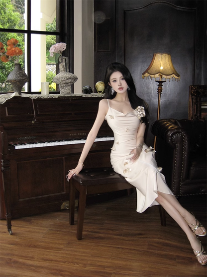 New Elegant Three-dimensional Floral Decoration Slim Mermaid Spaghetti Strap Dress  AP0257