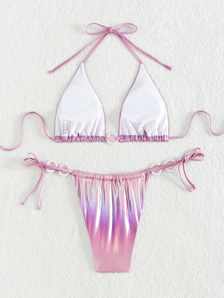 Simple Women Shiny Metallic Tie Bikini Swimsuit Two-piece Set AP000149