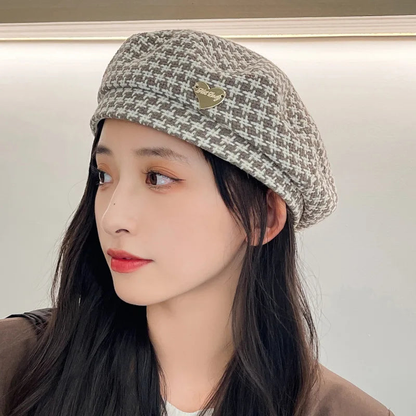 New Stylish Houndstooth Wool Beret With Heart Pin AP00229