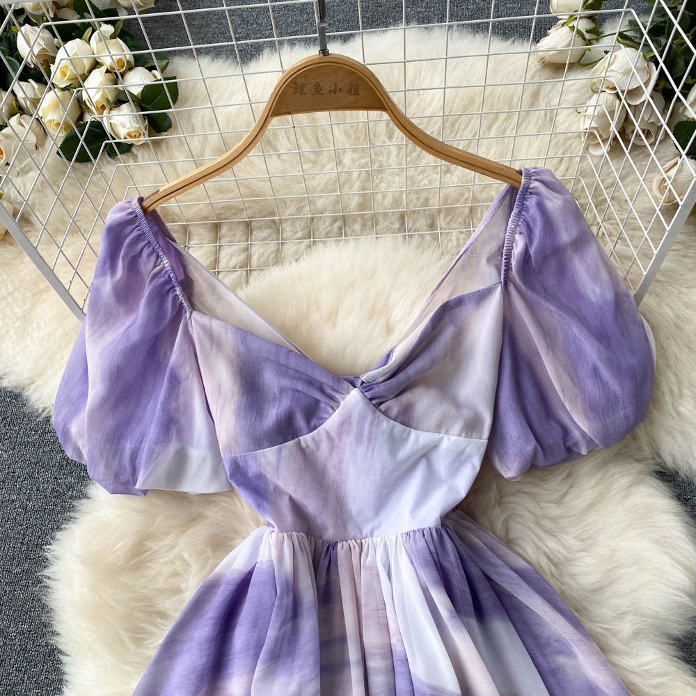 Vintage V-neck Puff Sleeve Dress Puffy A-line Dress AP0003