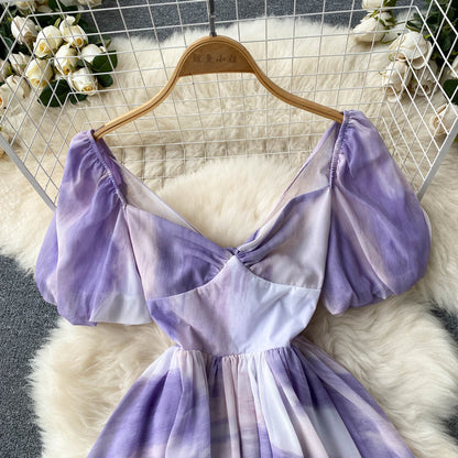 Vintage V-neck Puff Sleeve Dress Puffy A-line Dress AP0003