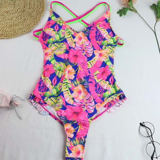 Elegant Women Tropical Print One-piece Ruffle Swimsuit Swimwear AP000137
