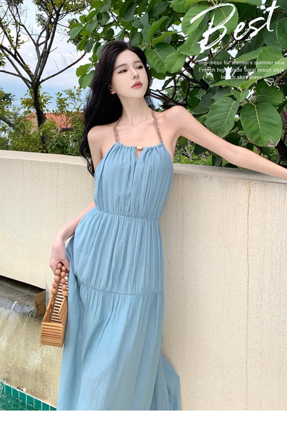 New Fashion Light Blue Sleeved Backless Beach Halter Dress  AP0252